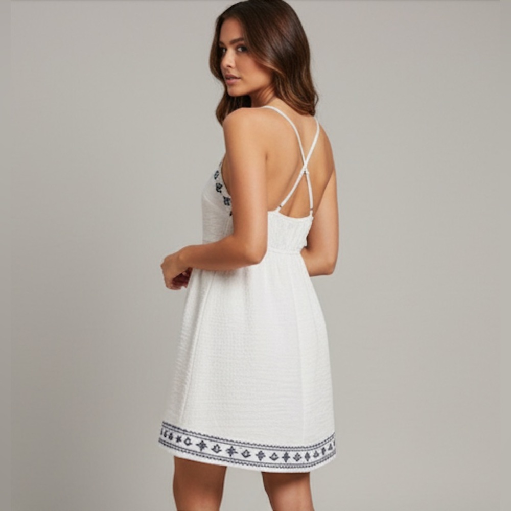 Boho Floral Embroidered Edge Criss Cross Back Dress White - Picture 4 of 8